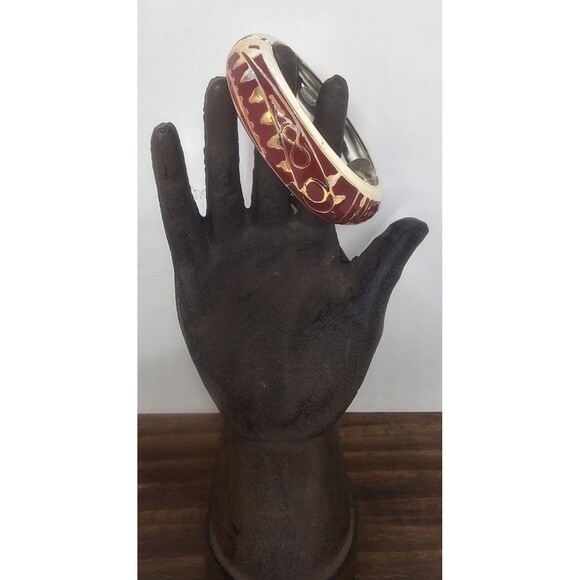 Chicos Gold Red Tone Enamel Hinged Magnetic Bangle Bracelet Abstract Modernist - Picture 1 of 16
